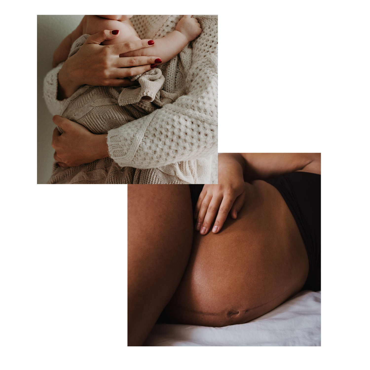 A collage of images: The first is of a woman holding a baby. The next is of a pregnant belly.